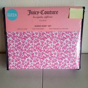 NEW JUICY COUTURE PINK Hearts Print 4-Pc Queen Sheet Set Soft Microfiber Cool
